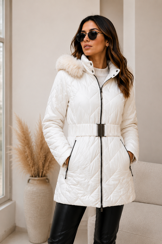 Parka Larga Acolchada Marfil con Capucha