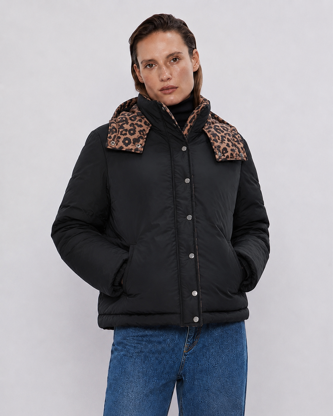 Parka Puffer Reversible Leopardo y Negro