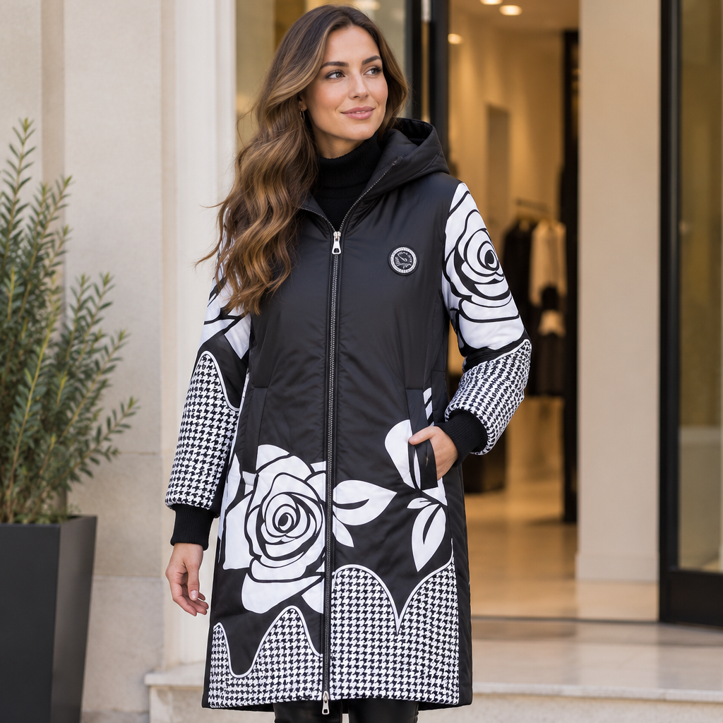 Parka Larga Negra Mujer con Rosas Blancas – AMAR