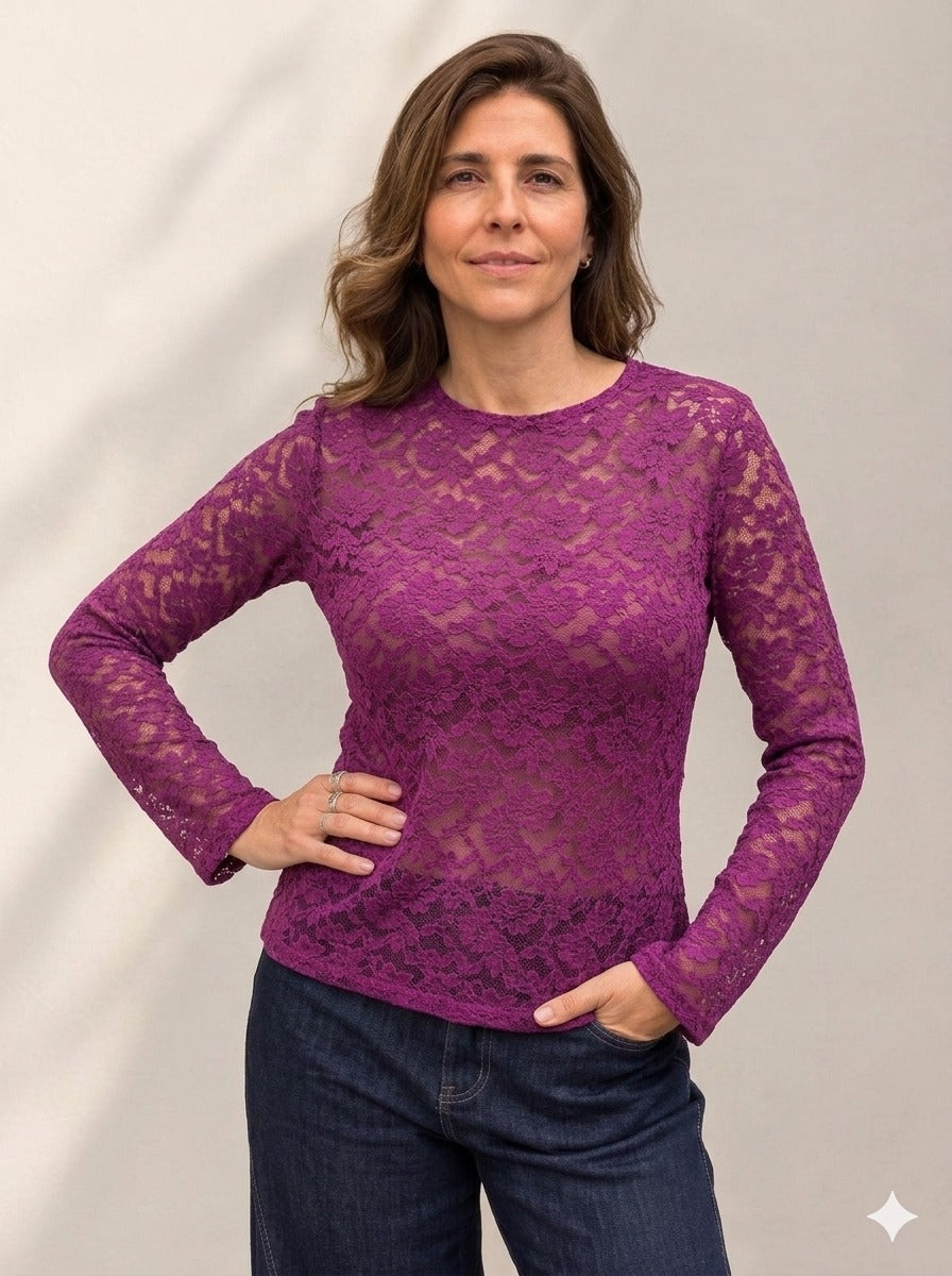 Polera de Encaje Floral Manga Larga Mujer | Michelle Piffaut