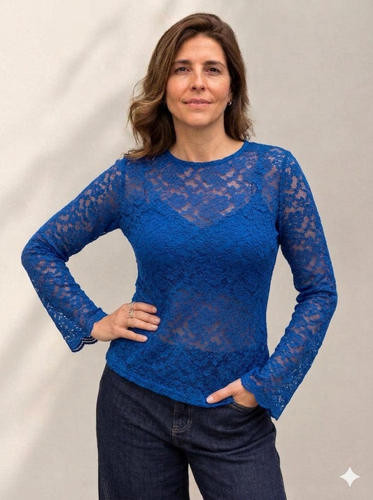 Polera de Encaje Floral Manga Larga Mujer | Michelle Piffaut