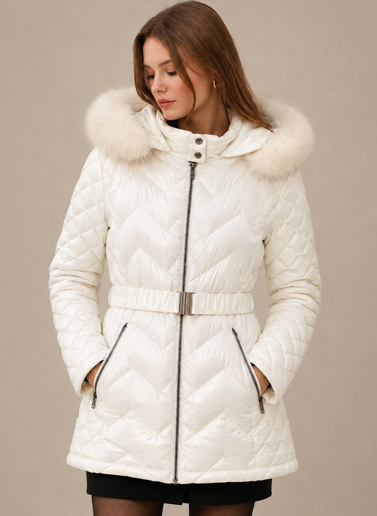 Parka Larga Acolchada Marfil con Capucha