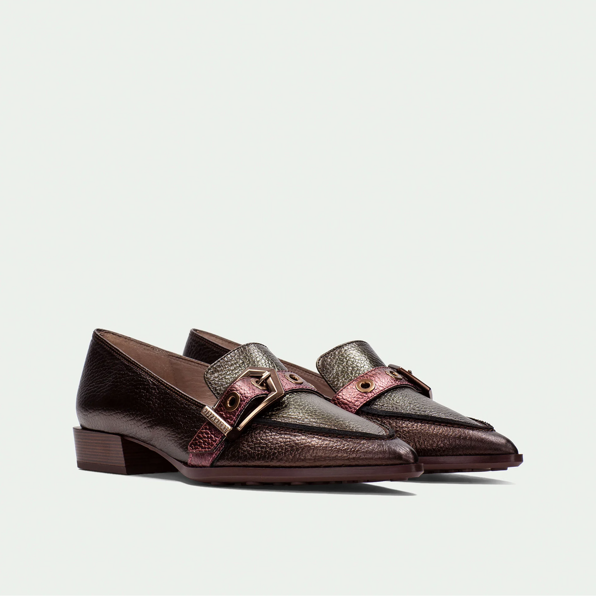 Mocasines Hispanitas Turín de Cuero Metalizado Avellana y Vino