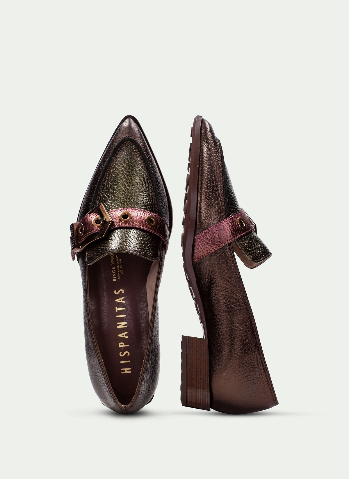 Mocasines Hispanitas Turín de Cuero Metalizado Avellana y Vino
